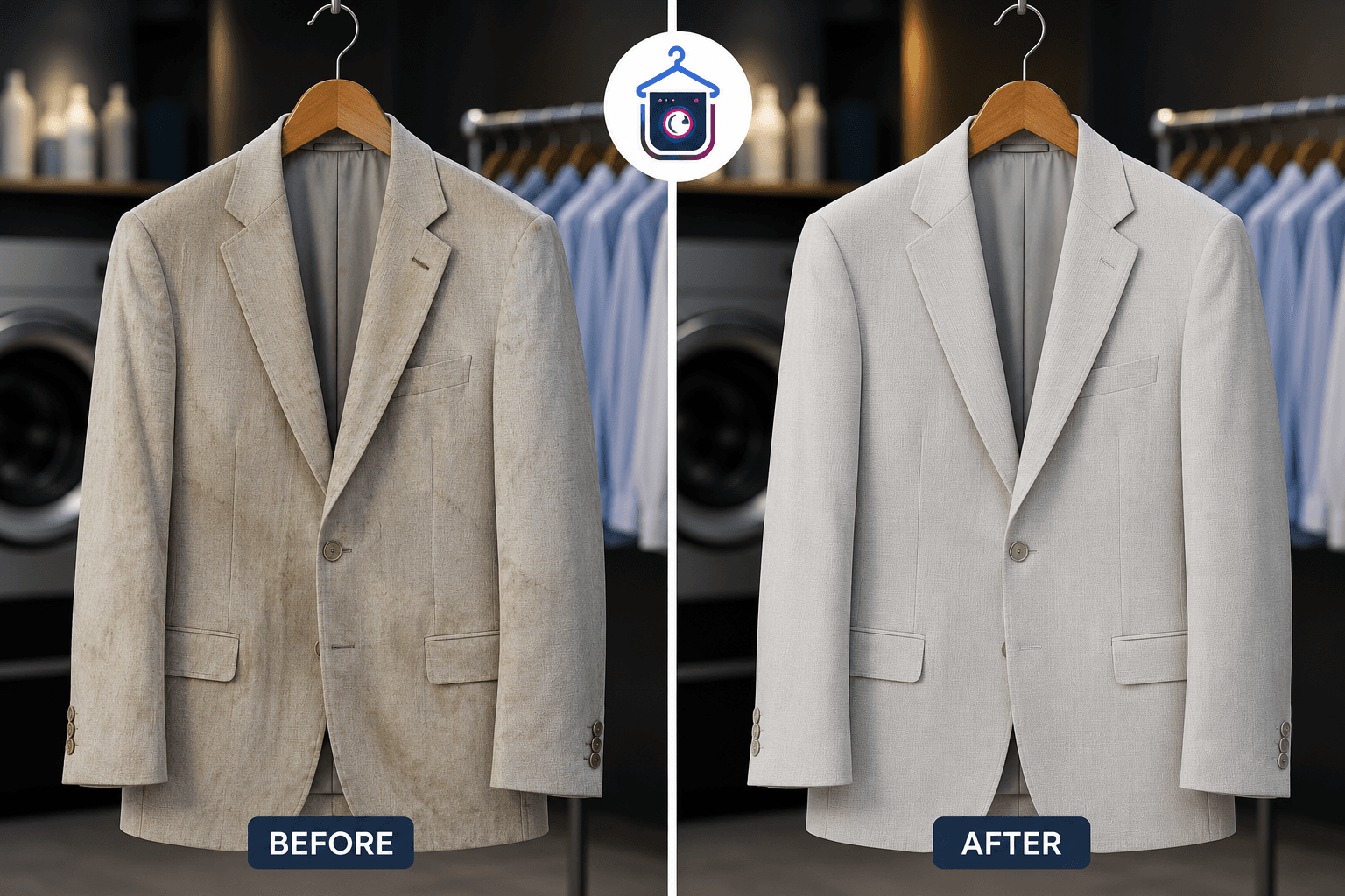 Before and after garment cleaning results at Top Hat Cleaners