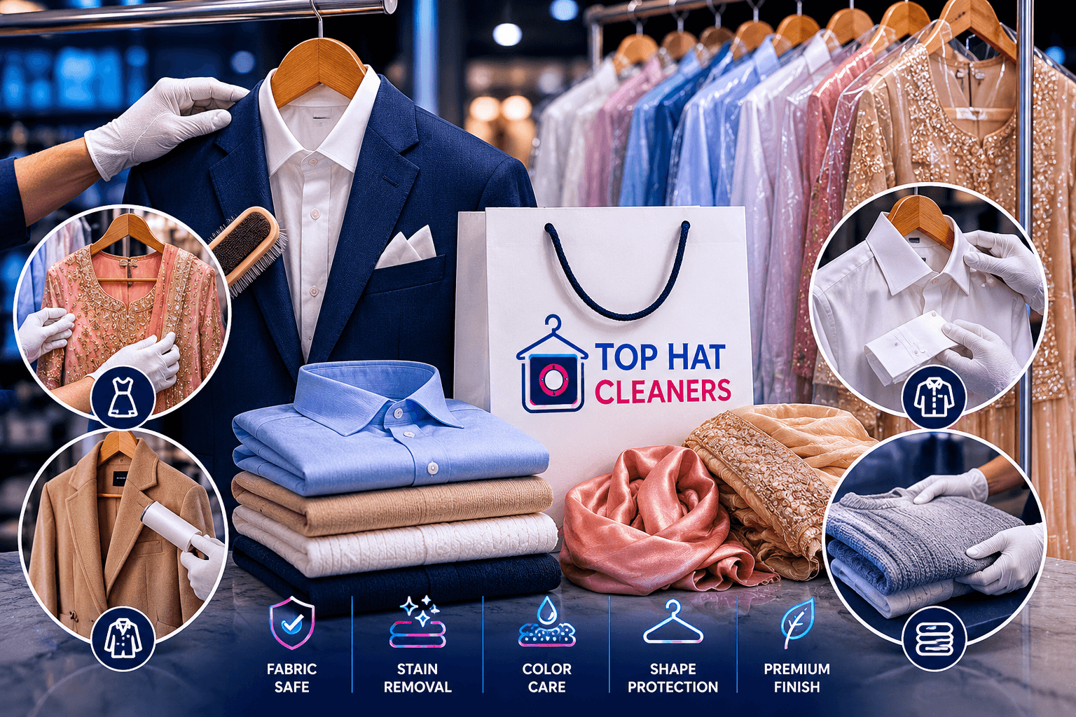 Specialized garment care at Top Hat Cleaners — fabric-safe cleaning, stain removal, color care, shape protection and premium finishing for suits, sarees and delicate wear